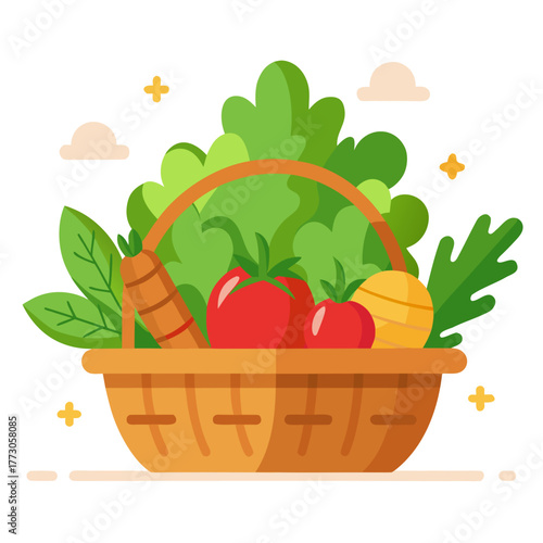 Freshly harvested basket of vegetables and leafy greens with decorative elements