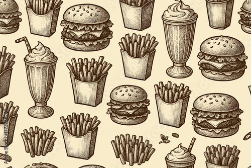 Delicious retro fast food pattern with burgers, fries, and milkshakes in vintage style