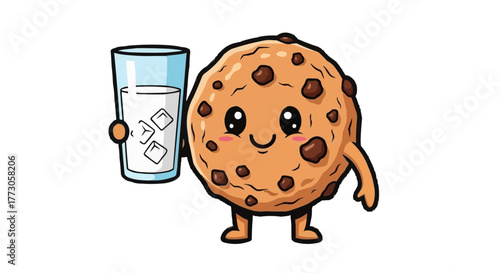 Delightful chocolate chip cookie cartoon character holding a glass of cold milk, embodying warmth and sweet innocence.