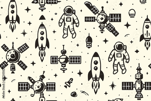 Space exploration pattern featuring rockets, astronauts, and satellites in a whimsical design