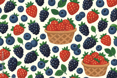 Baskets filled with ripe strawberries surrounded by blueberries and blackberries on a light background
