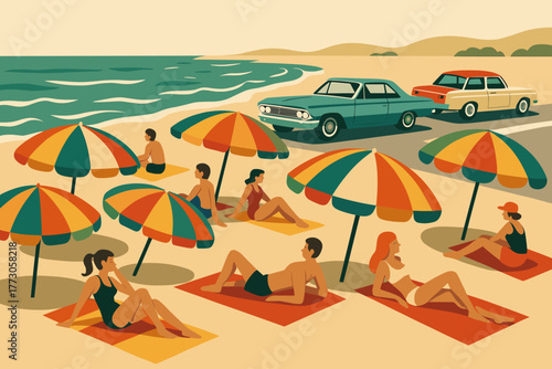 Vintage summer beach scene with colorful umbrellas and classic cars parked by the shore