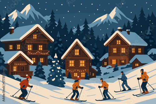 Skiers enjoy a winter evening in a cozy mountain village with snow-covered houses and twinkling lights