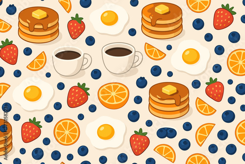 Bright and cheerful breakfast pattern featuring pancakes, fruits, and coffee cups on a light background
