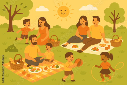 Families enjoying a sunny picnic in a green park with joyful children playing and sharing food together