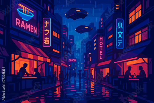 Rainy night in a vibrant city with neon lights, futuristic cars, and people enjoying ramen