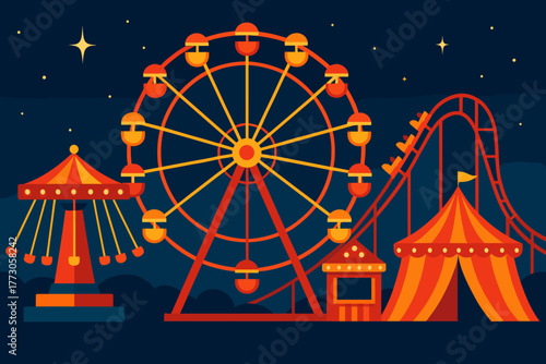 Colorful amusement park at night featuring a ferris wheel, carousel, and roller coaster