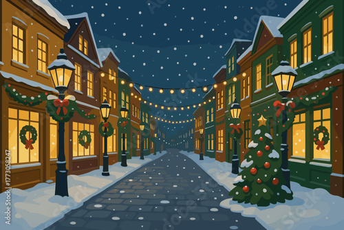 Charming winter street adorned with festive decorations during a snowy night