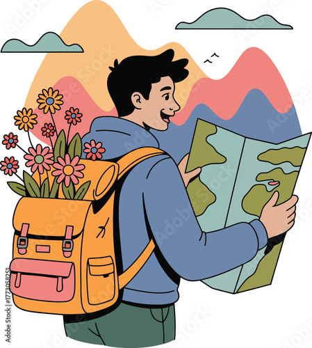 Happy Traveler Man with Backpack and Map Navigating Nature