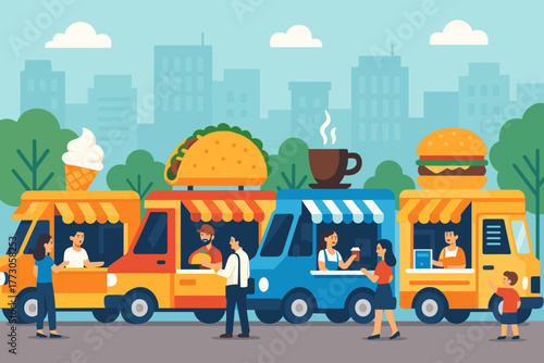 Crowd enjoys diverse food trucks in a city park on a sunny day