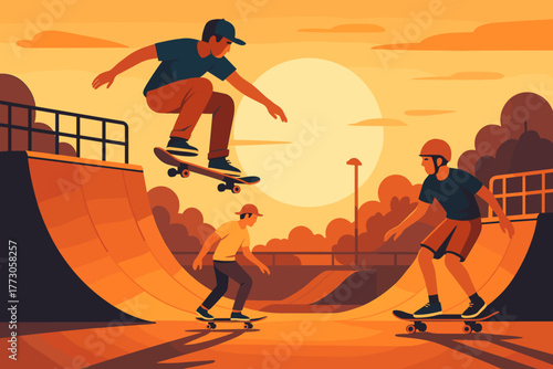 Skateboarders practice tricks during sunset at a local skatepark in a vibrant urban setting