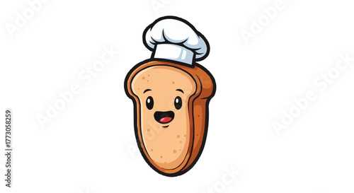 An illustration of a cartoon anthropomorphic slice of bread wearing a chef's hat with a happy expression on his face.