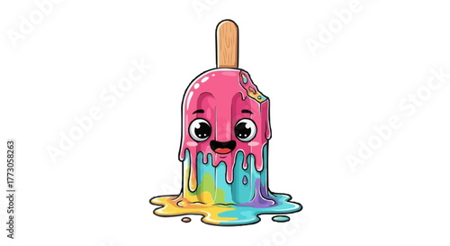 A melting, cartoon popsicle with a missing bite mark on a transparent background; vivid colors and cute features. 