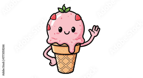 A cartoon strawberry ice cream cone with a smiling face is waving hello with a friendly gesture and charming demeanor.