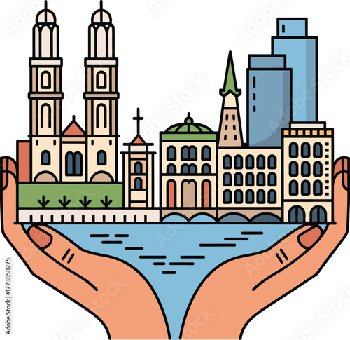 Seville City Skyline hands holding Spanish capital architecture Giralda Alcazar cathedral