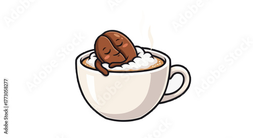 A cute coffee bean relaxing in a cup of coffee with foam, creating a whimsical and cozy scene. Enjoy your day!