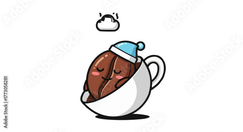 A cute coffee bean character peacefully naps in a mug, wearing a nightcap, with a dream cloud above on transparent background.