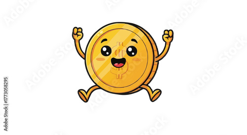 Delightful cartoon coin character cheerfully jumping for joy. The coin has a happy expression and gold gleam.