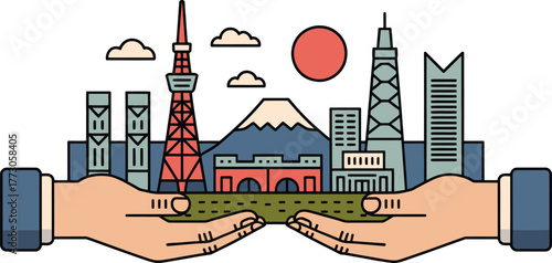 Tokyo cityscape in cupped hands showing urban development and natural preservation