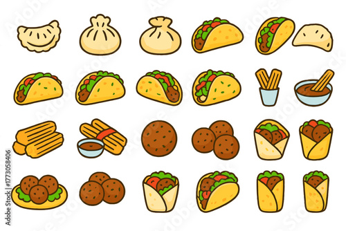 Delicious selection of street foods featuring tacos, dumplings, and churros displayed in vibrant illustrations