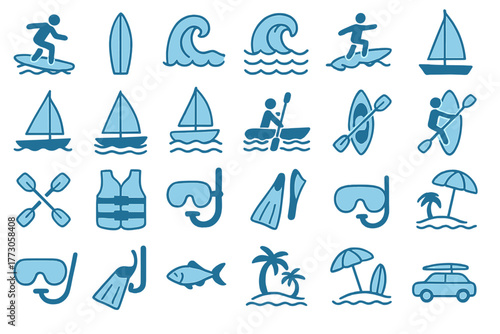 Fun water sports icons showcasing activities like surfing, sailing, kayaking, snorkeling, and relaxation at the beach