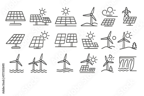 Varied renewable energy icons showcasing solar panels, wind turbines, and hydroelectric power sources
