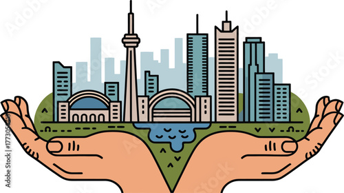 Toronto cityscape and landmarks held by cupped hands showing urban growth and community