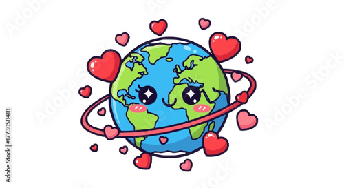 A cartoon of the Earth with a face and hearts surrounding it, expressing love and care for the planet and its future.