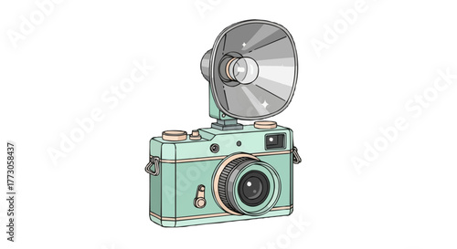 Pastel green vintage camera with silver flash, ready to capture memories with retro style and timeless appeal.