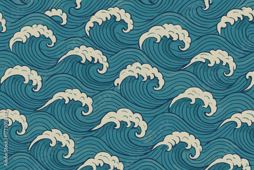Waves in a rolling pattern create a soothing oceanic scene in deep blue and cream colors