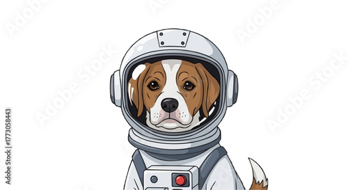 A beagle in a astronaut suit floating through the galaxy. Space travel adventures await for this cute furry friend.