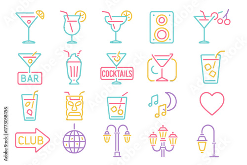 Colorful cocktail icons representing a vibrant nightlife experience at a lively bar or club