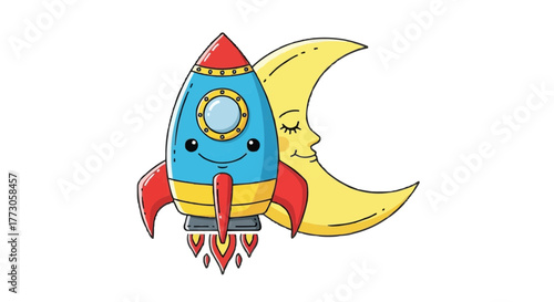 A cartoon rocket ship blasts off next to a crescent moon with a face, set against a stark transparent background illustration.