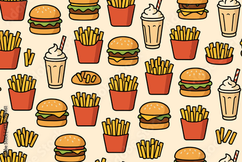 Colorful pattern of fast food items featuring burgers, fries, and milkshakes in a cheerful design
