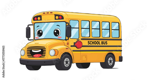 Cartoon yellow school bus with a friendly face and large eyes, ready for a fun day of transporting students.  