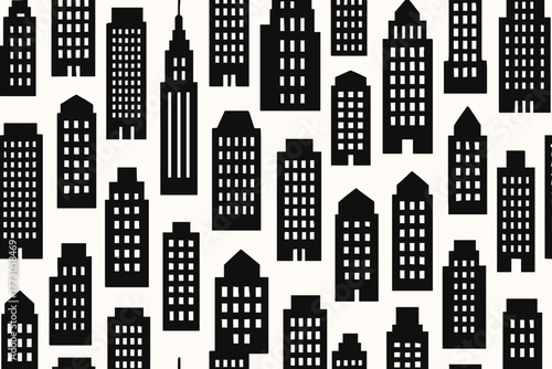 Diverse city skyline featuring various building designs in a bold black and white pattern