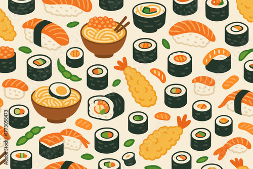 Colorful sushi and noodle patterns with various types of Japanese cuisine displayed on a light background
