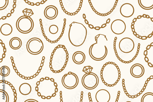 Elegant jewelry pattern featuring rings, chains, and necklaces on a light background for a chic design project