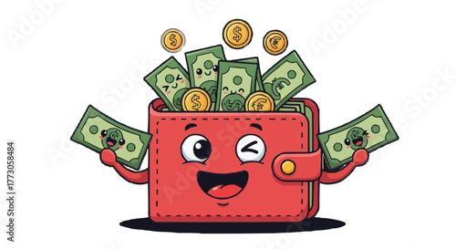Cartoon wallet overflowing with cash and coins, cheerfully managing finances and showcasing wealth accumulation.