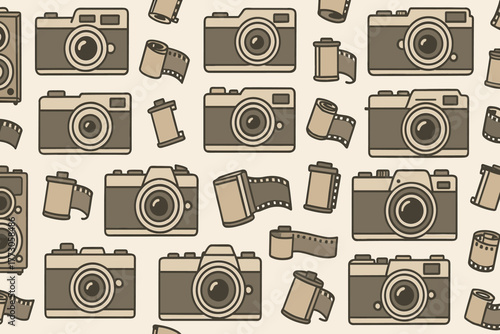 Vintage camera pattern showcasing classic photography equipment and film rolls on a light background