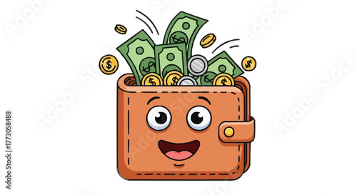 Cartoon wallet with a happy face brimming with money and coins, symbolizing financial abundance and cheerful prosperity.