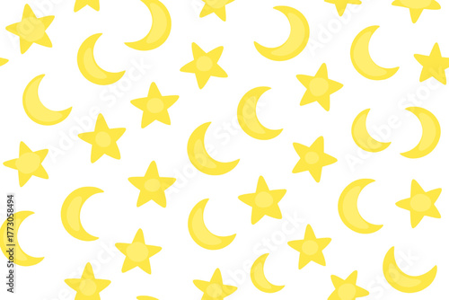 Pattern of yellow moons and stars on a white background for children's decoration and design