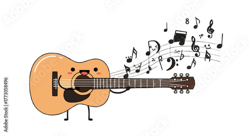 A cheerful, anthropomorphic guitar stands surrounded by floating musical notes against a transparent background. Lovely!