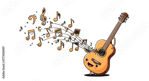 A cheerful cartoon guitar with a smiling face emanates musical notes, set against a stark transparent background.