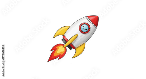 Whimsical cartoon rocket takes flight against a stark transparent background, complete with a friendly porthole face.