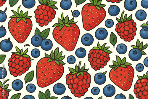 Colorful pattern of strawberries, raspberries, and blueberries with green leaves on a light background