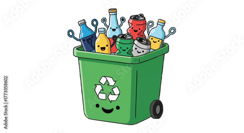 Cartoon recycling bin filled with bottles and cans, featuring a smiling face and recycling symbol on the front.