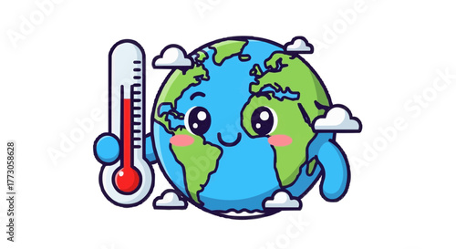 A cute cartoon globe is holding a thermometer with the temperature high, surrounded by clouds, illustrating global warming.
