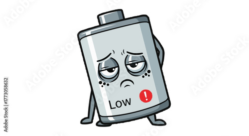 This is an exhausted battery character with a sad expression, indicating low power and the need for a recharge quickly.