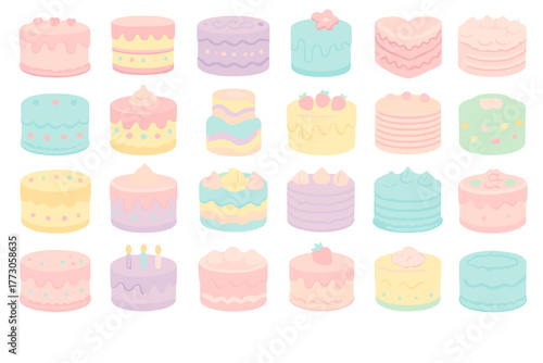 Cute pastel cake icon set – colorful bakery and dessert illustrations